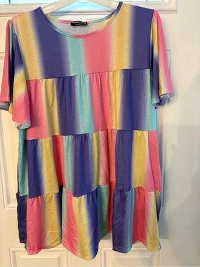 Rainbow Tiered Short Sleeve Tunic Top 1X